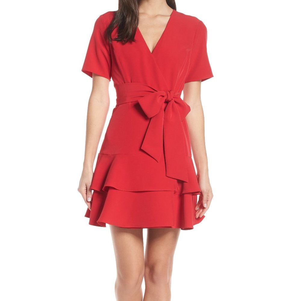 Charles Henry Ruffle Tiered Wrap Dress in Scarlet